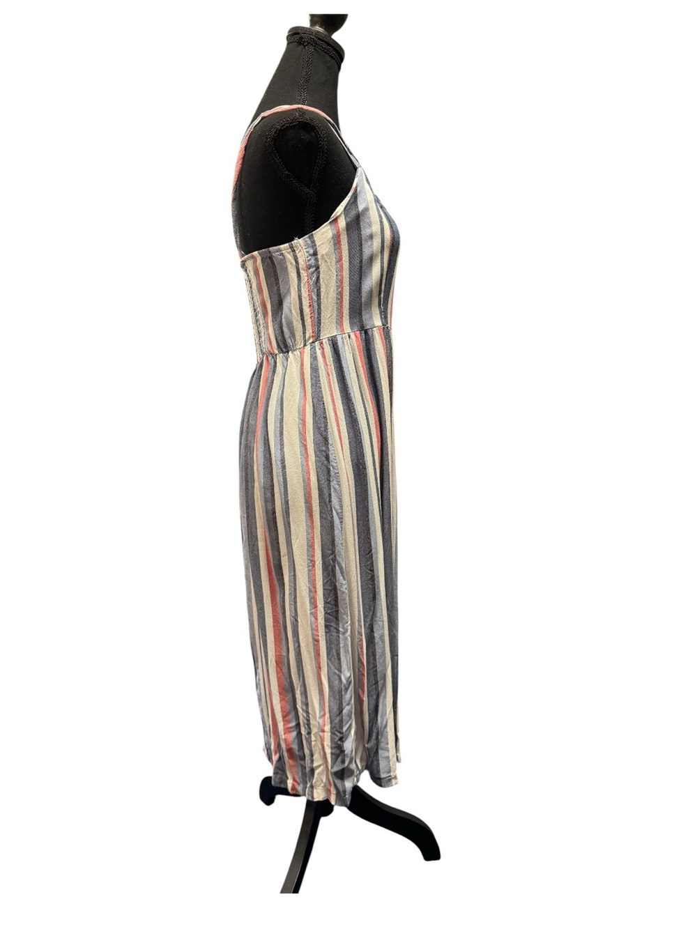 Striped Button-Front Midi Dress in Blue, Cream & Coral Size Small - Picture 2 of 10